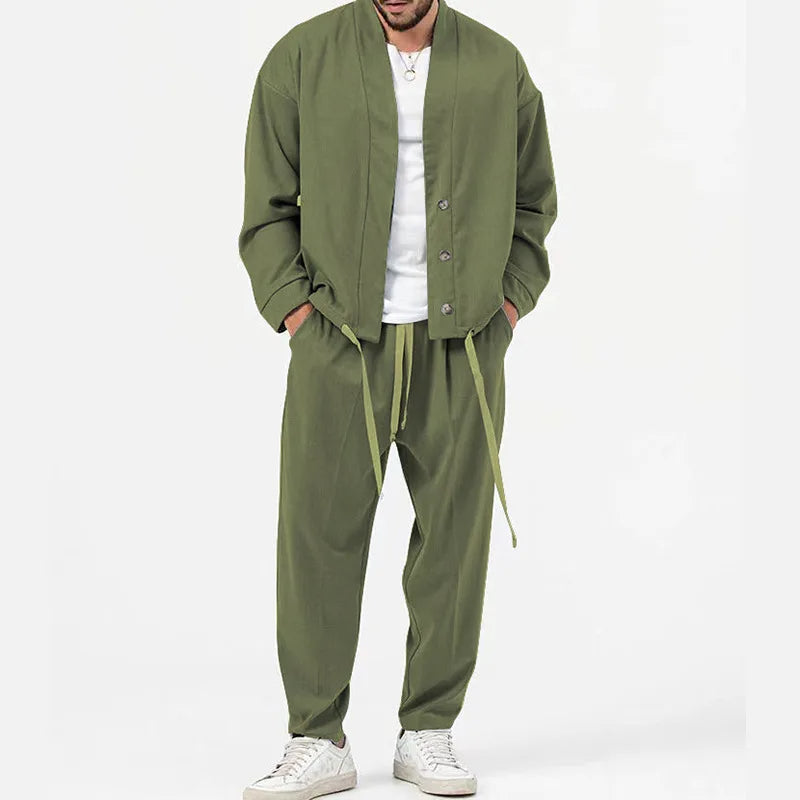Ensemble Deux Pièces pour Homme avec Haut Boutonné et Pantalon à Taille Élastique | Idéal pour la Mi-Saison