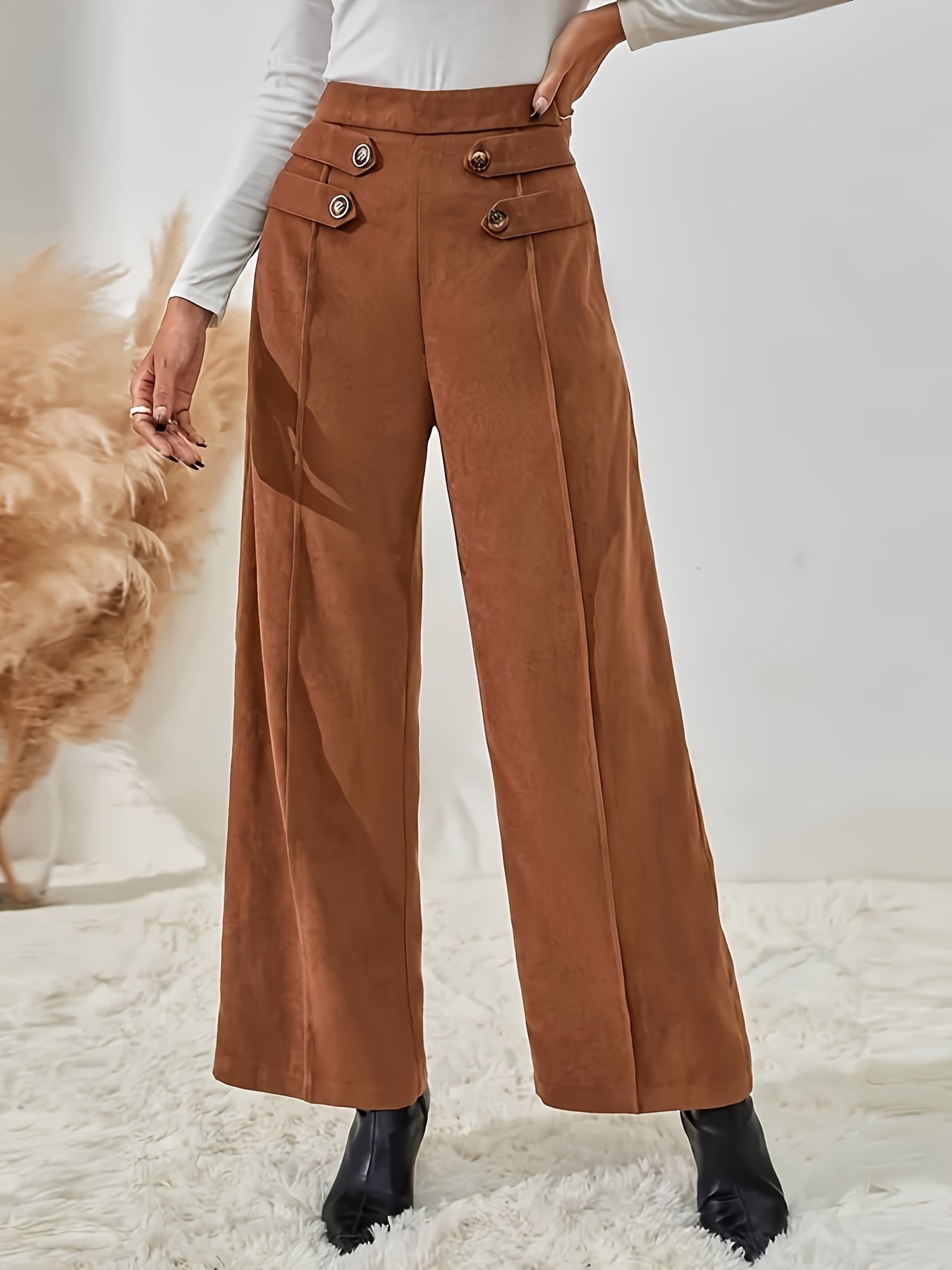 Pantalon Taille Haute à Jambe Large avec Boutons Décoratifs pour Femme | Idéal pour le Printemps et l’Automne