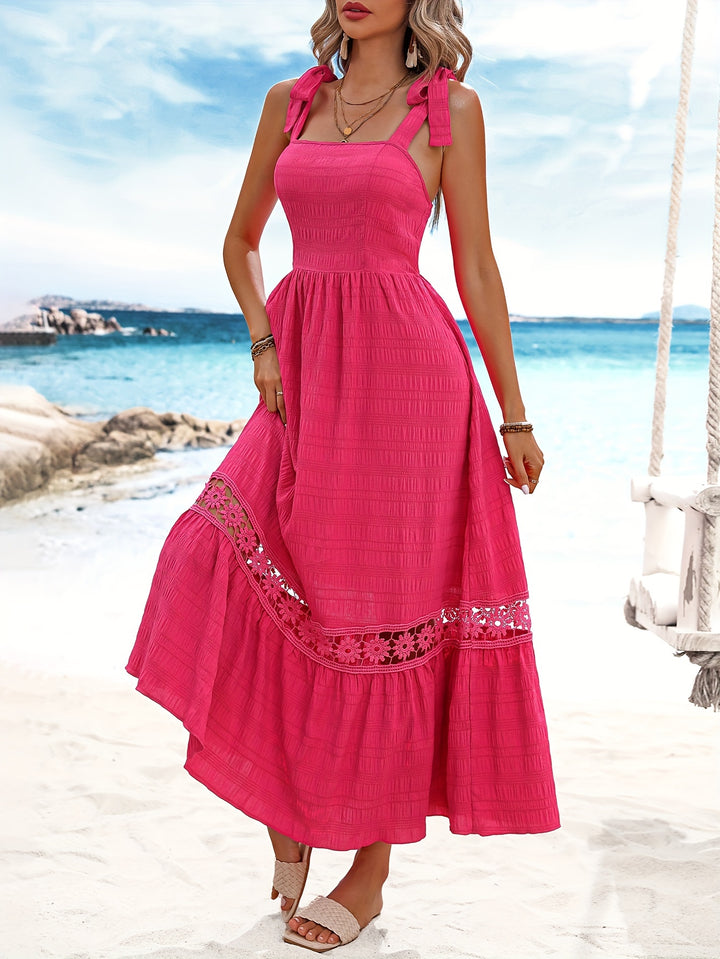 Robe Longue Rouge avec Détails en Dentelle et Nœuds pour Femmes | Idéale pour les Occasions Spéciales