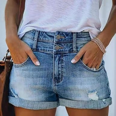Shorts en Jean avec Taille Haute et Ourlet Replié pour Femme | Idéaux pour l’Été et les Sorties Décontractées