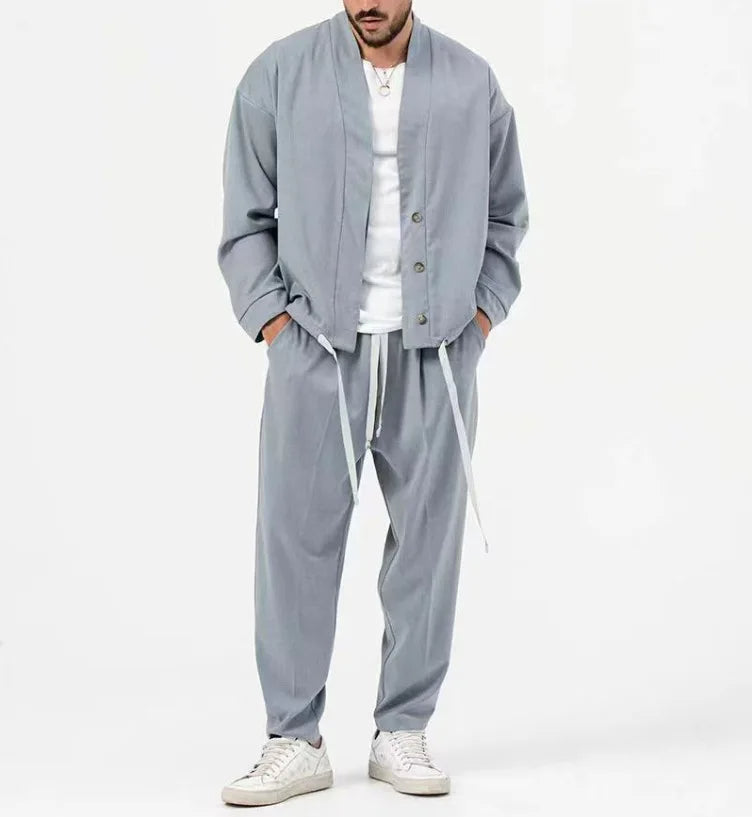 Ensemble Deux Pièces pour Homme avec Haut Boutonné et Pantalon à Taille Élastique | Idéal pour la Mi-Saison