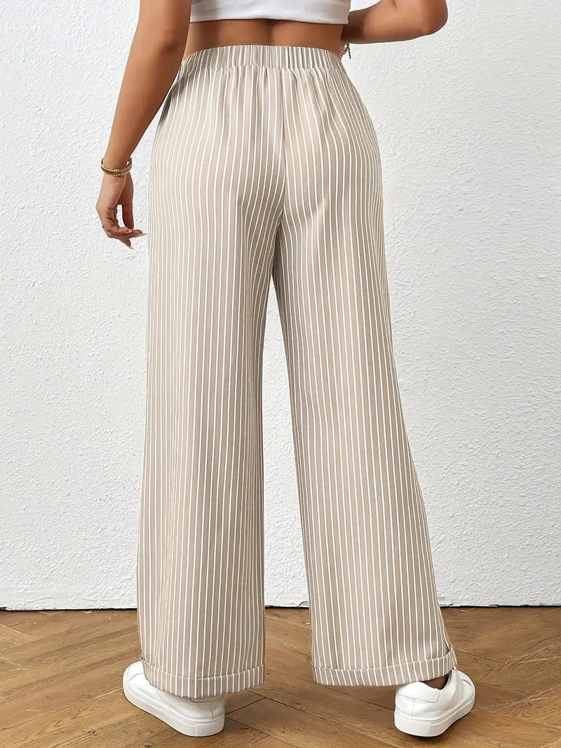 Pantalon Droit à Rayures avec Taille Élastique pour Femme | Idéal pour le Quotidien et le Travail