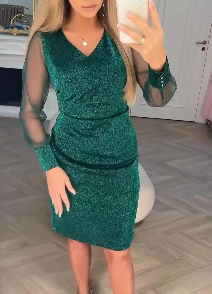 Robe Midi Patchwork À Col V Et Manches Longues Pour Femme | Idéal Pour Usage Quotidien Et Occasions