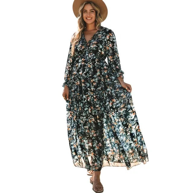 Robe Longue à Imprimé Floral Vert Foncé pour Femme | Idéale pour les Événements en Jardin et les Soirées d'Été
