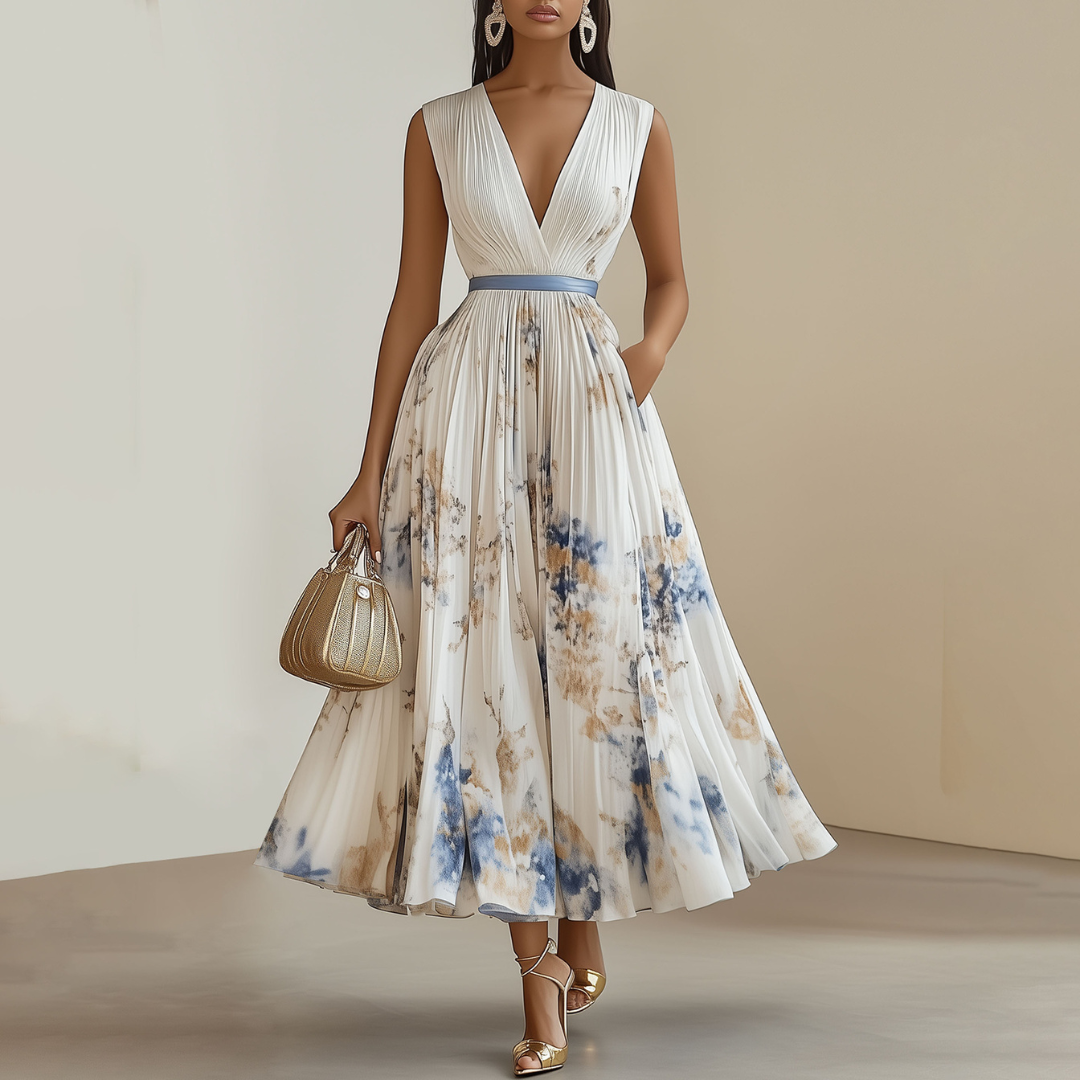 Robe Midi Plissée Avec Col En V Pour Femme | Idéale Pour Le Printemps