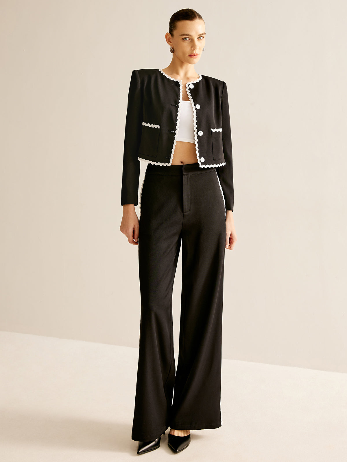 Blazer avec Finition Ondulée Contrastante Et Boutons pour Femme | Idéal pour Le Travail Et Le Temps Libre