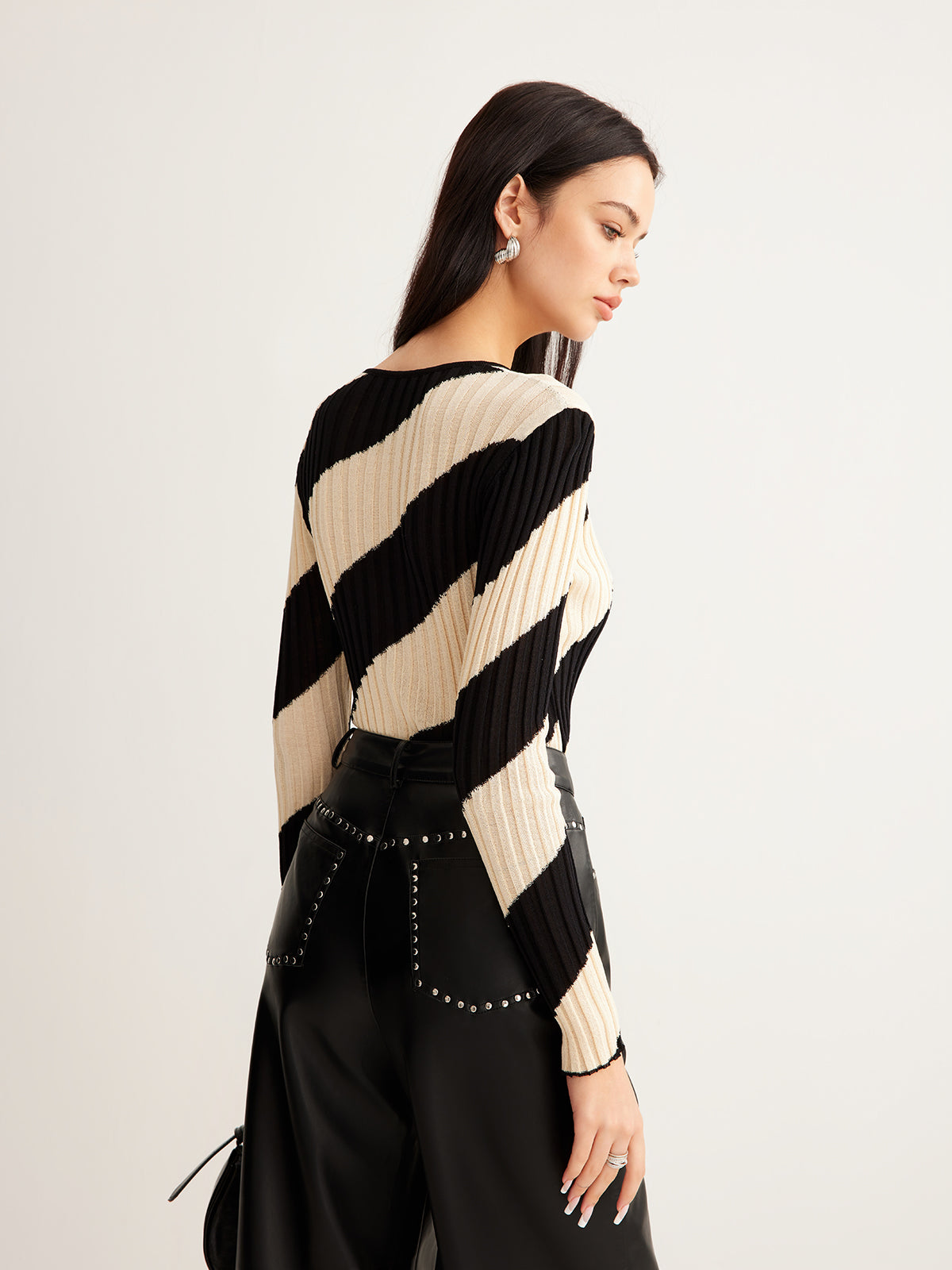 Haut En Maille Côtelée À Motif Rayé Diagonal Pour Femme | Idéal Pour Le Quotidien Et Les Occasions