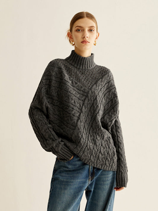 Pull Oversize À Maille Torsadée avec Col Montant pour Femmes | Idéal pour L’Hiver