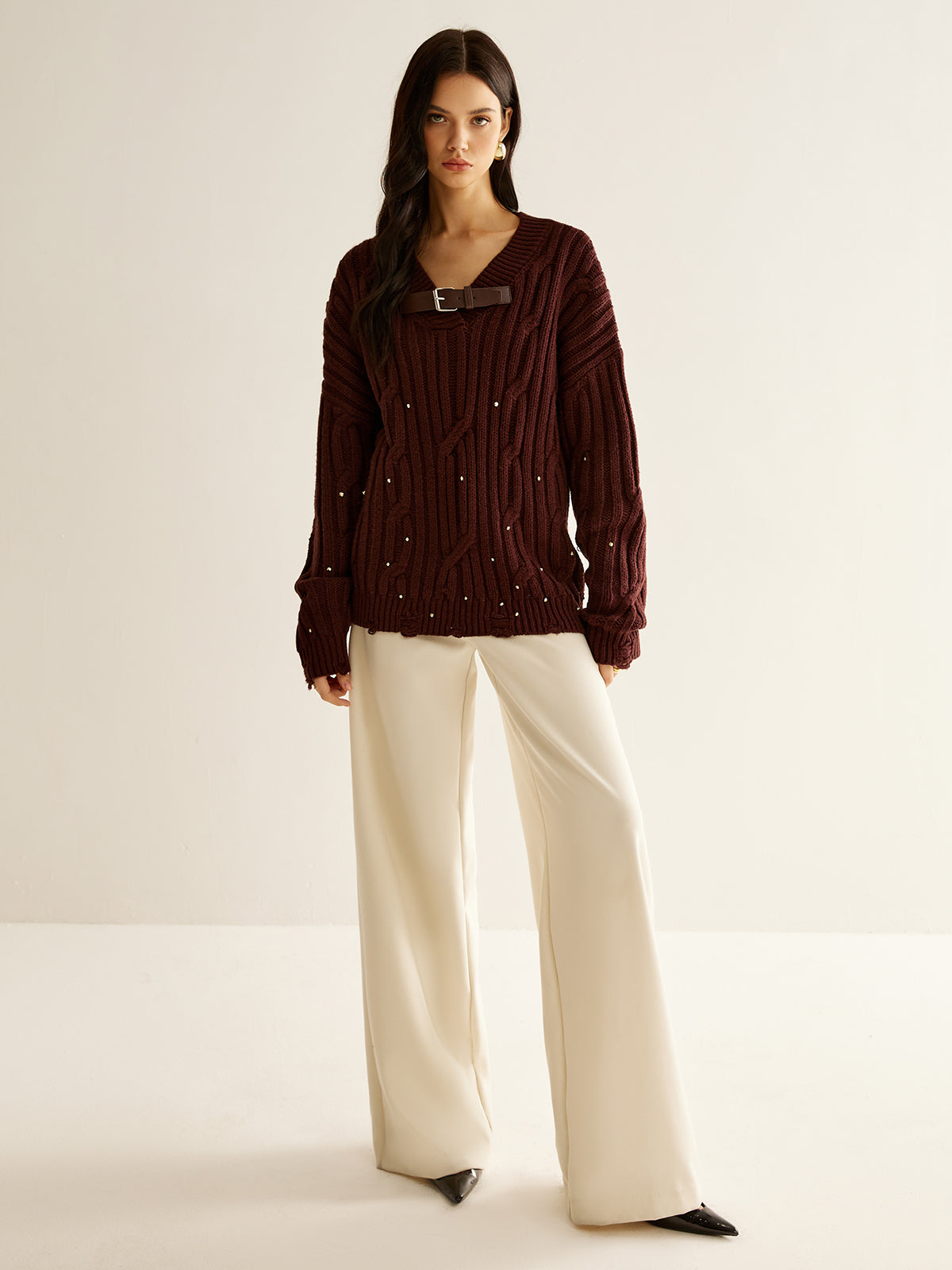 Pull Oversize À Maille Côtelée avec Col En V pour Femmes | Idéal pour L’Automne Et L’Hiver