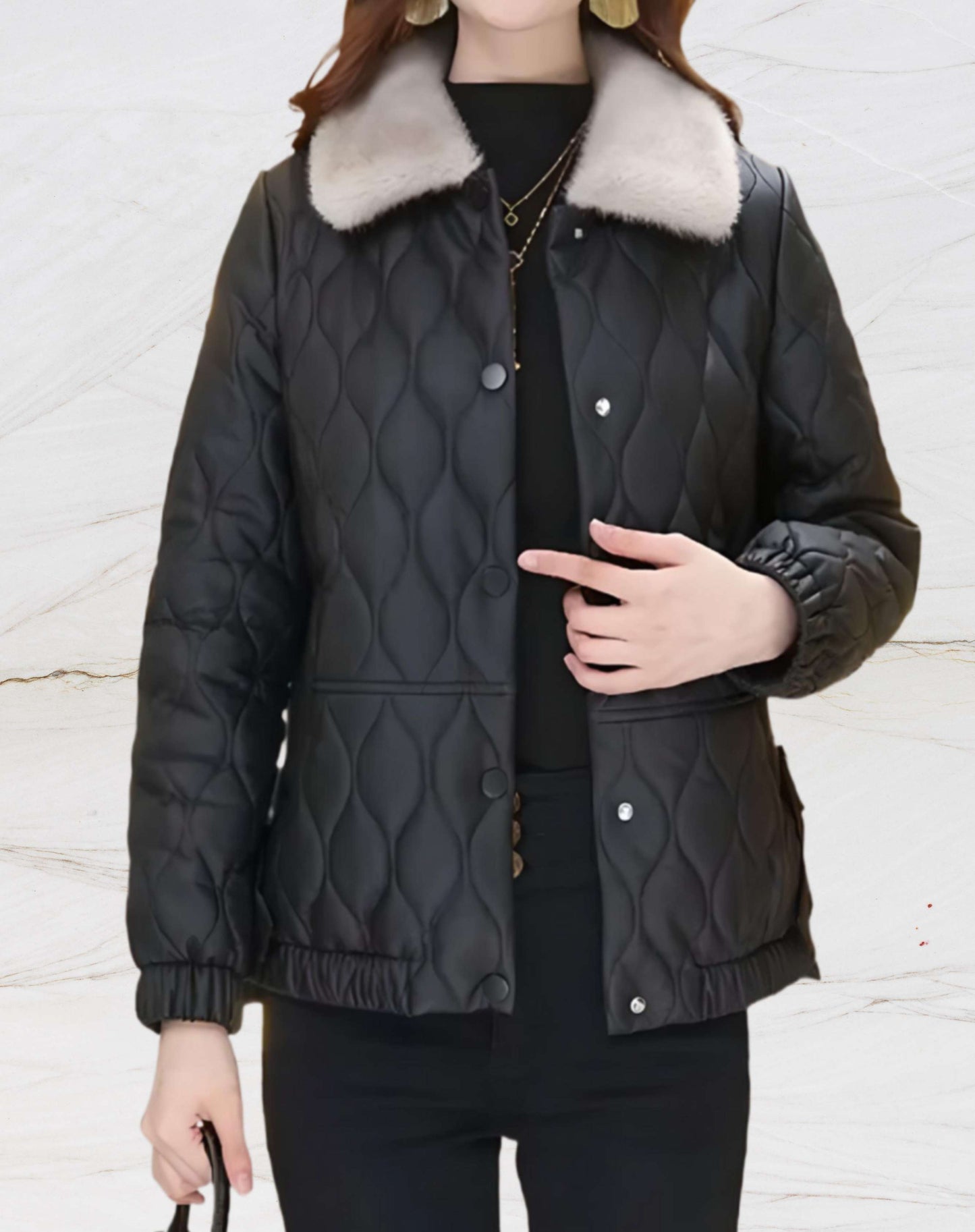 Veste Matelassée avec Col Polo Imitation Fourrure pour Femme | Idéale pour La Saison Froide