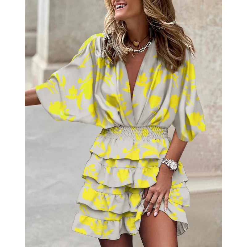 Robe À Manches Courtes Avec Col En V Et Taille Élastique Pour Femme | Idéale Pour L'été