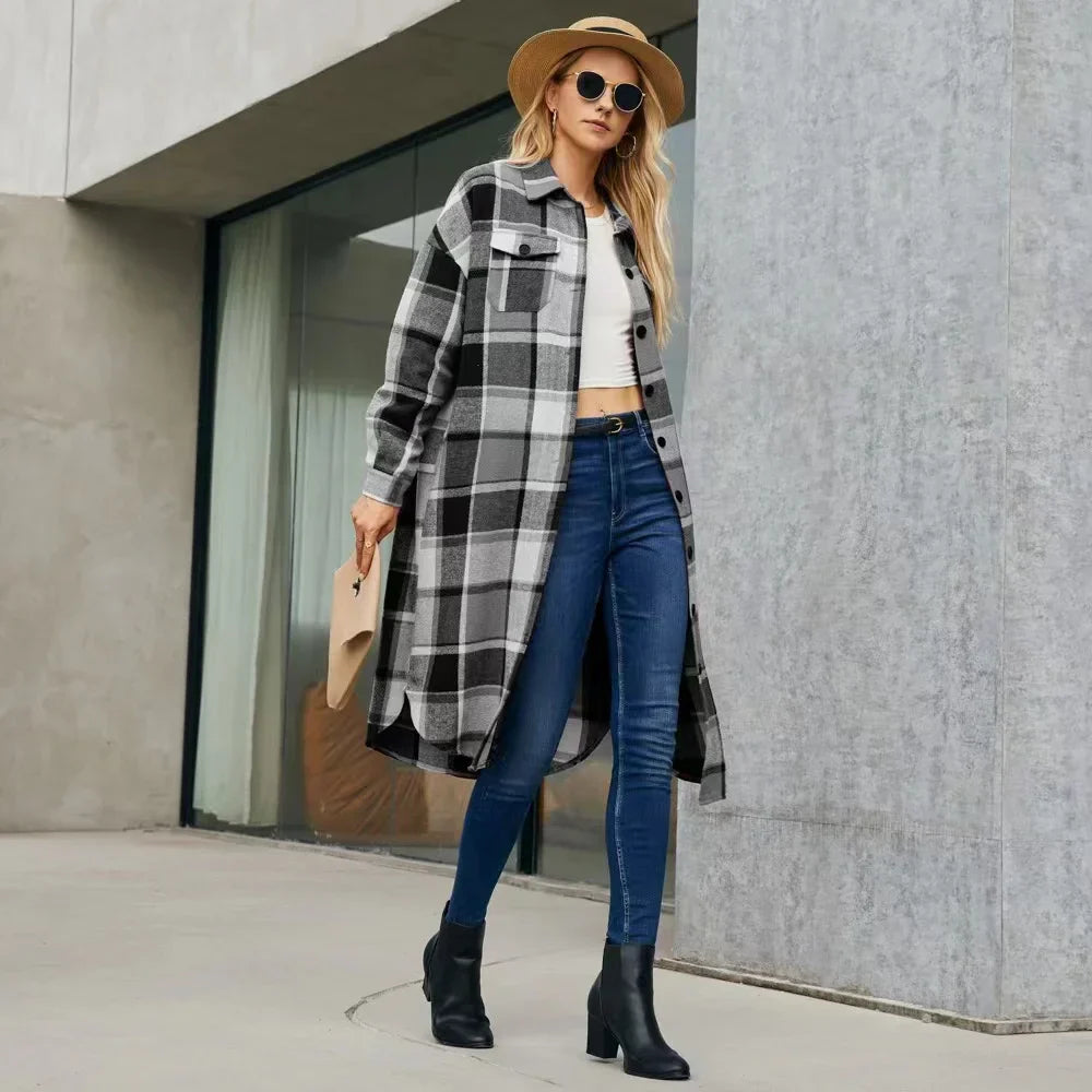 Trench-Coat à Motif à Carreaux avec Fentes Latérales et Poches pour Femmes | Idéal pour Mi-Saison