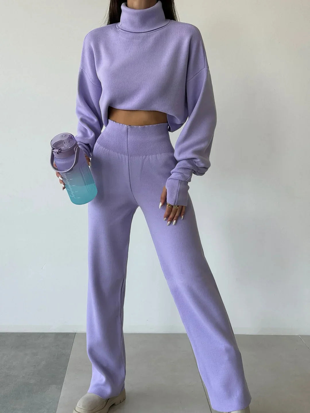 Ensemble Tricoté avec Col Roulé Et Manches Longues pour Femme | Idéal pour L’Automne Et L’Hiver
