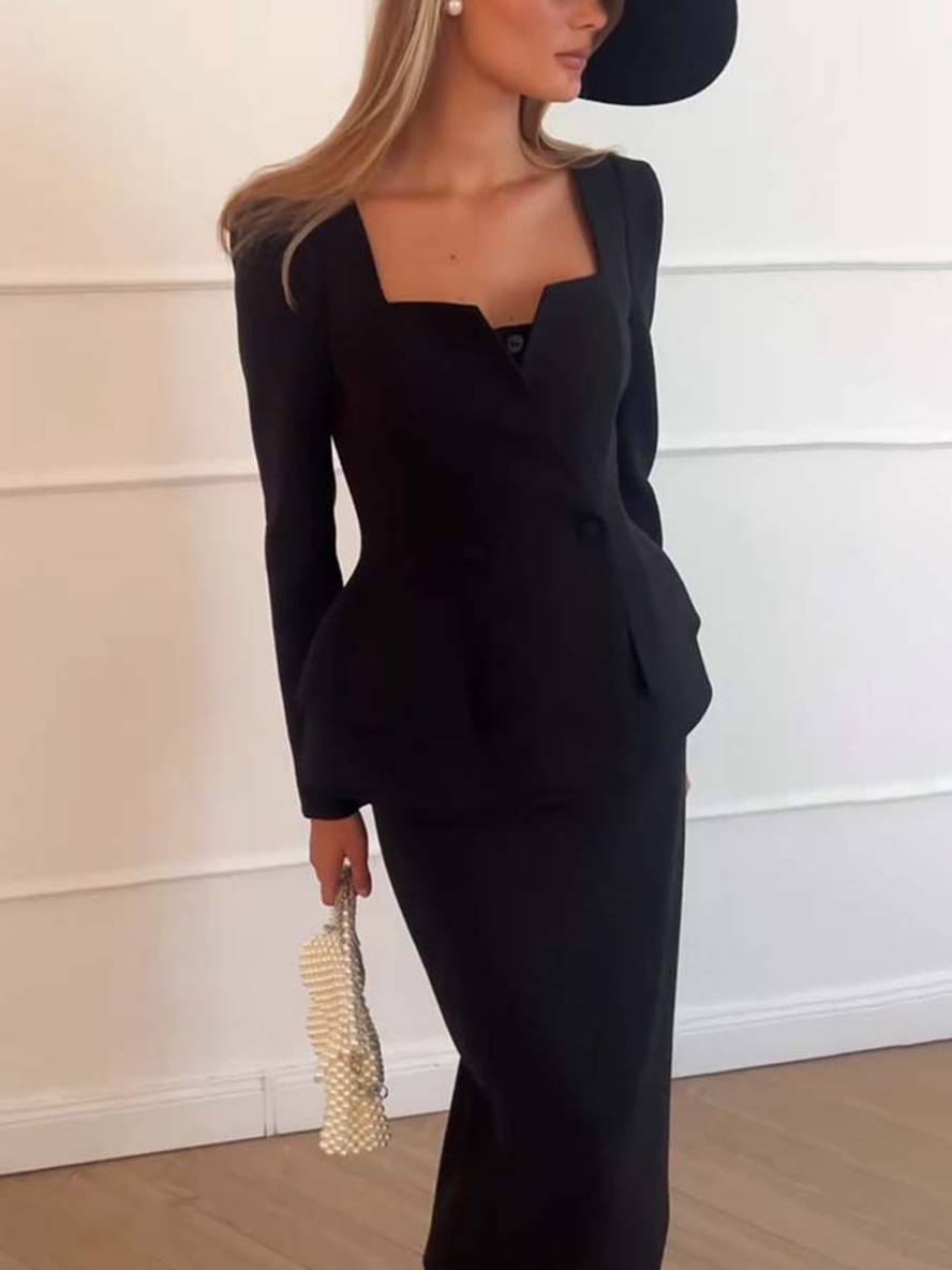 Ensemble Deux Pièces avec Blazer à Boutons et Jupe Longue Taille Haute pour Femme | Idéal pour un Usage Professionnel