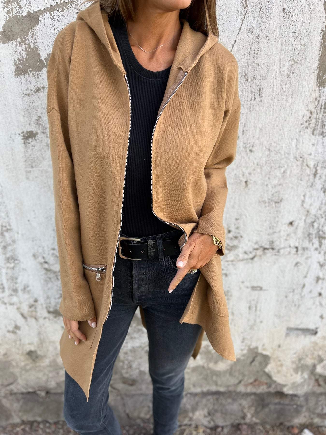Gilet long zippé à capuche pour femmes