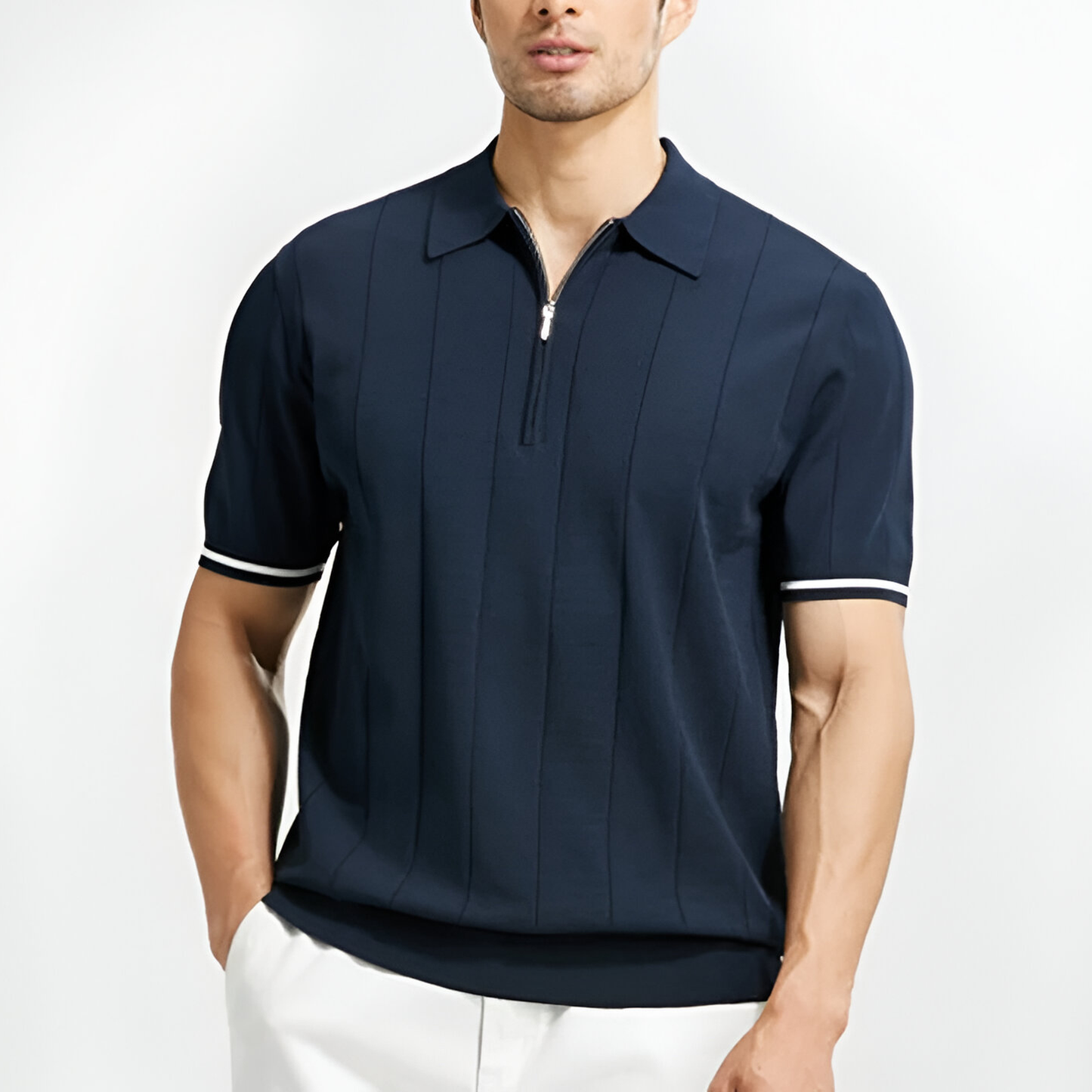 Polo à Manches Courtes avec Fermeture Zippée et Détails Rayés pour Homme | Idéal pour le Quotidien