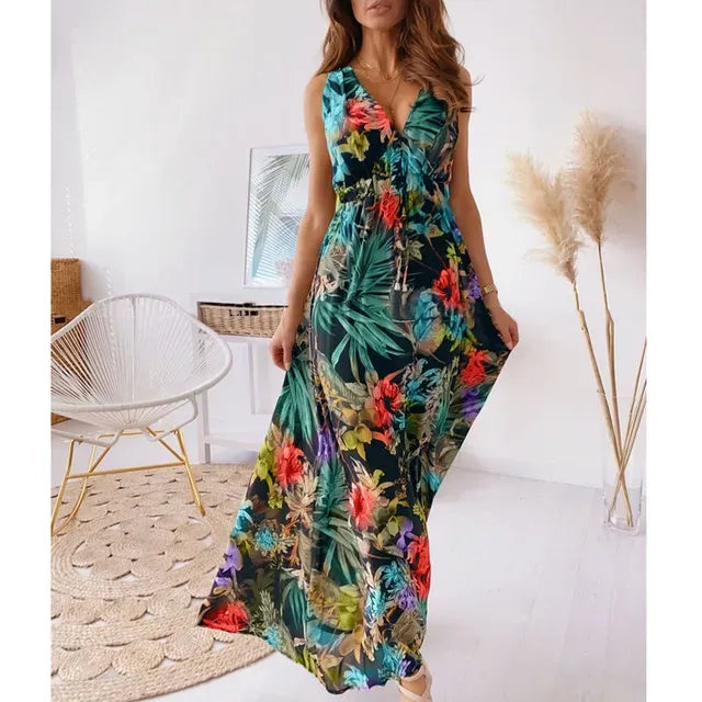 Robe Longue à Imprimé Tropical pour Femme | Idéale pour les Vacances et les Événements Estivaux