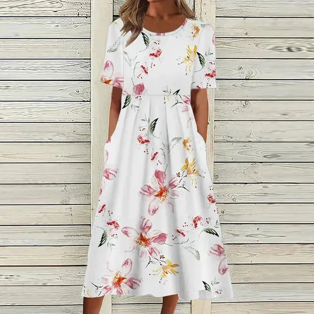 Robe Midi à Imprimé Floral avec Poches pour Femme | Idéale pour l’Été et les Sorties Décontractées