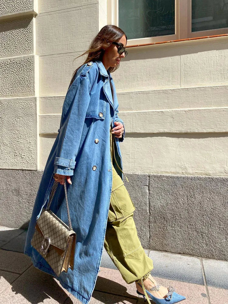 Trench-Coat Long avec Ceinture pour Femme en Bleu | Idéal pour la Mi-Saison