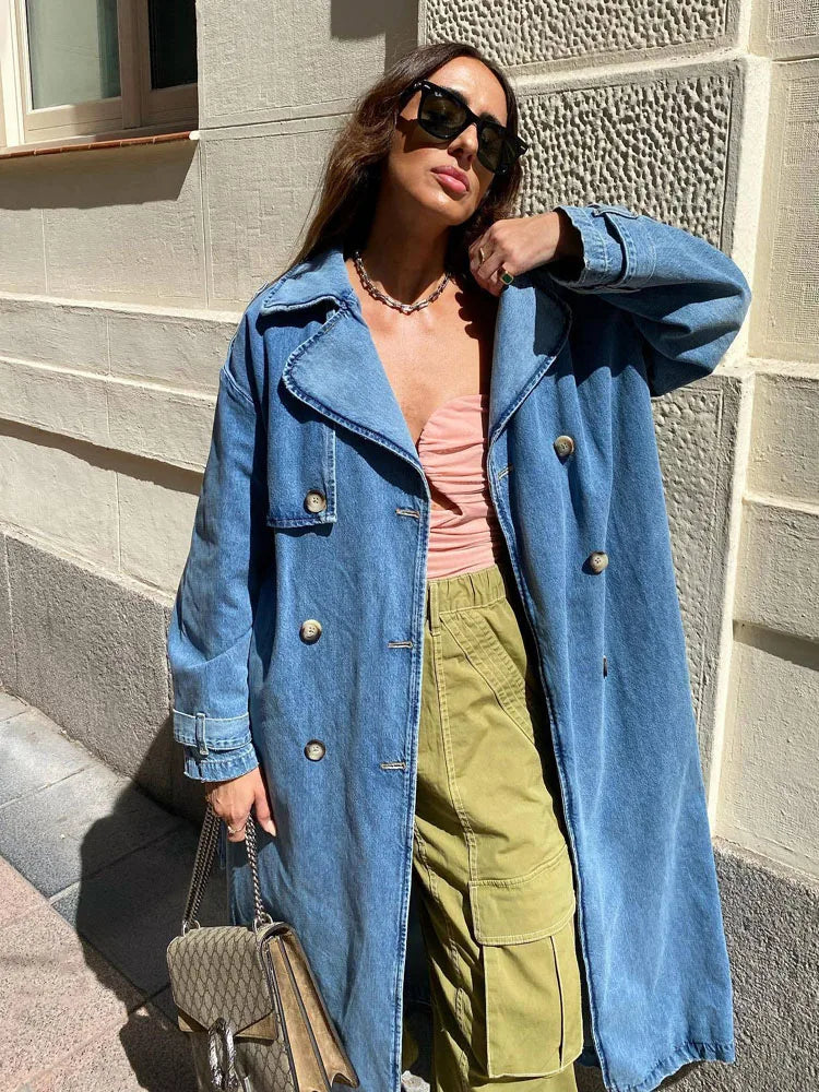 Trench-Coat Long avec Ceinture pour Femme en Bleu | Idéal pour la Mi-Saison