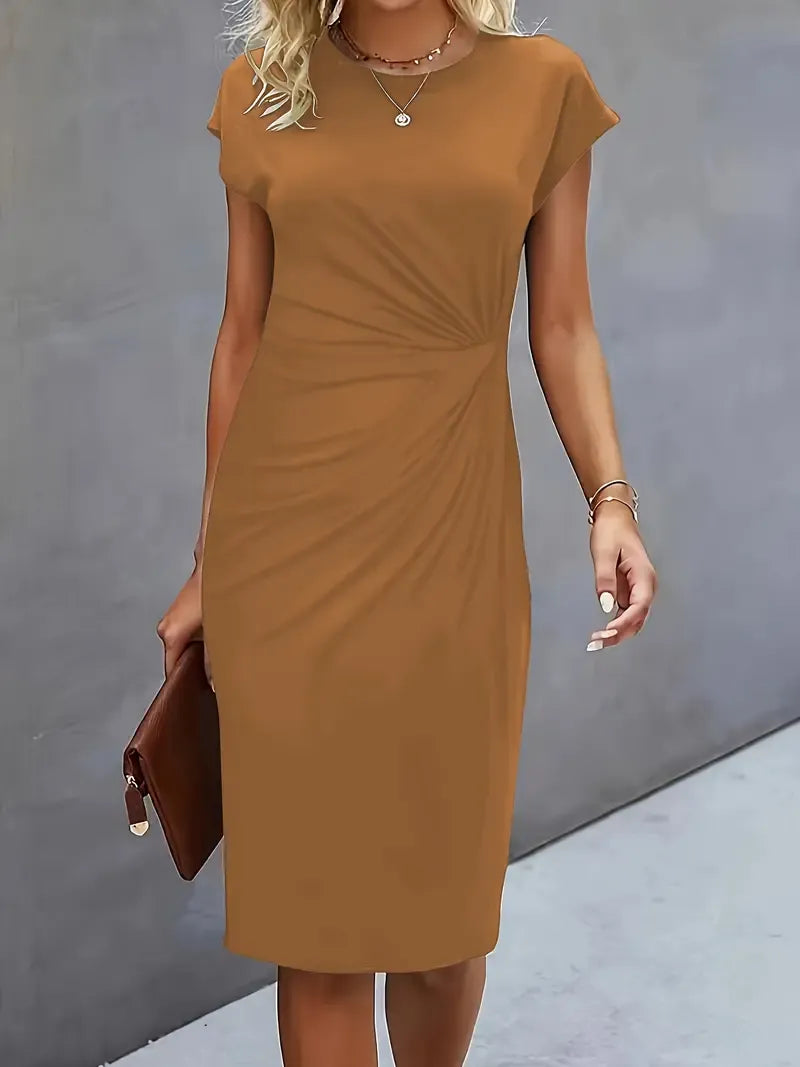 Robe Midi Unie avec Col Rond pour Femme | Idéale pour Travail ou Événements