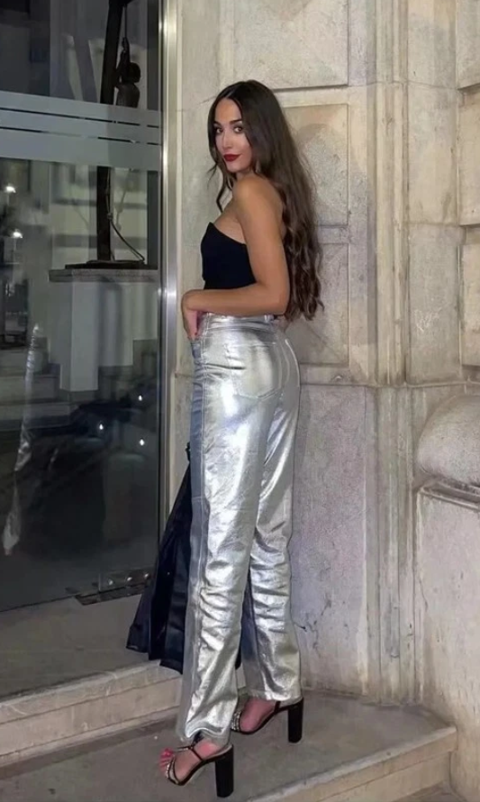 Pantalon Brillant à Taille Haute et Coupe Droite pour Femme | Idéal pour Diverses Occasions