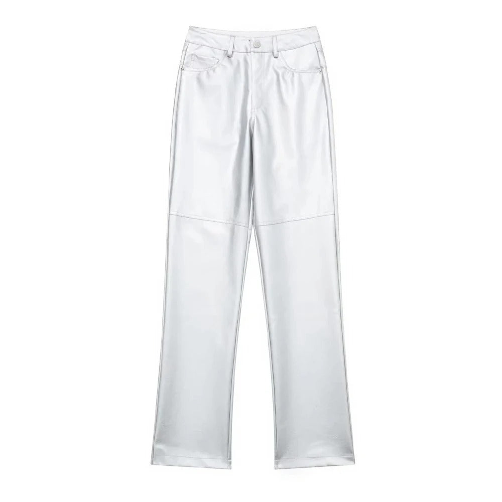 Pantalon Brillant à Taille Haute et Coupe Droite pour Femme | Idéal pour Diverses Occasions