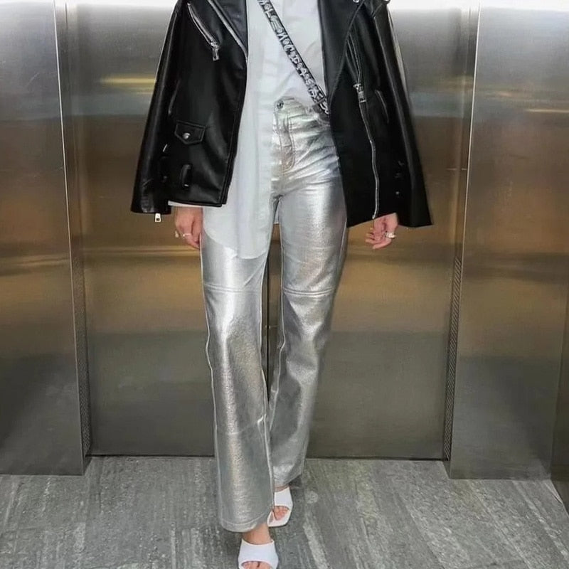 Pantalon Brillant à Taille Haute et Coupe Droite pour Femme | Idéal pour Diverses Occasions