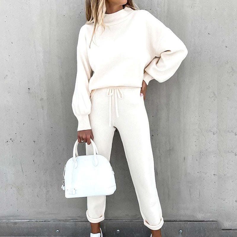 Ensemble Deux Pièces avec Haut à Manches Longues Ballon et Pantalon à Taille Ajustable pour Femme | Idéal pour un Usage Quotidien
