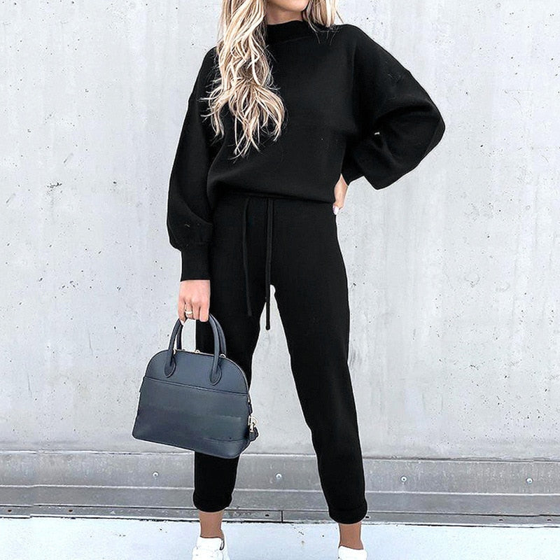 Ensemble Deux Pièces avec Haut à Manches Longues Ballon et Pantalon à Taille Ajustable pour Femme | Idéal pour un Usage Quotidien