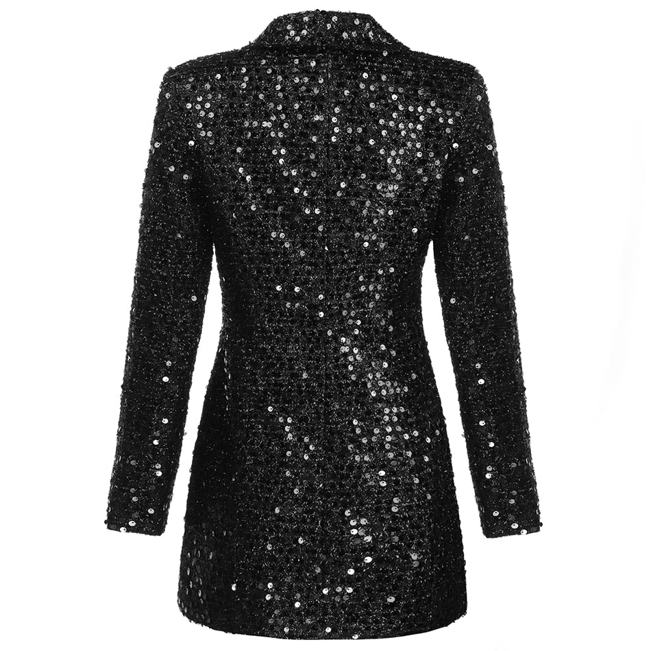 Robe Blazer Noire À Paillettes avec Double Boutonnage pour Femme | Idéale pour Les Soirées Et Événements