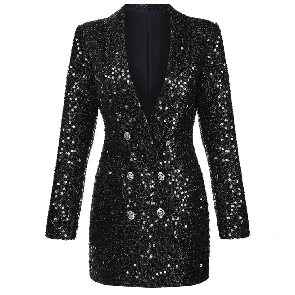 Robe Blazer Noire À Paillettes avec Double Boutonnage pour Femme | Idéale pour Les Soirées Et Événements