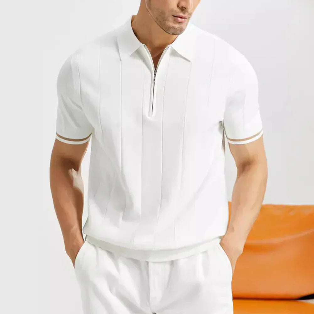 Polo à Manches Courtes avec Fermeture Zippée et Détails Rayés pour Homme | Idéal pour le Quotidien
