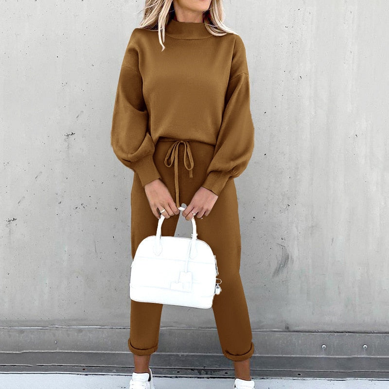 Ensemble Deux Pièces avec Haut à Manches Longues Ballon et Pantalon à Taille Ajustable pour Femme | Idéal pour un Usage Quotidien