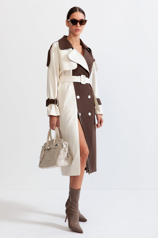 Trench Long Bicolore avec Ceinture pour Femme | Idéal pour La Mi-Saison