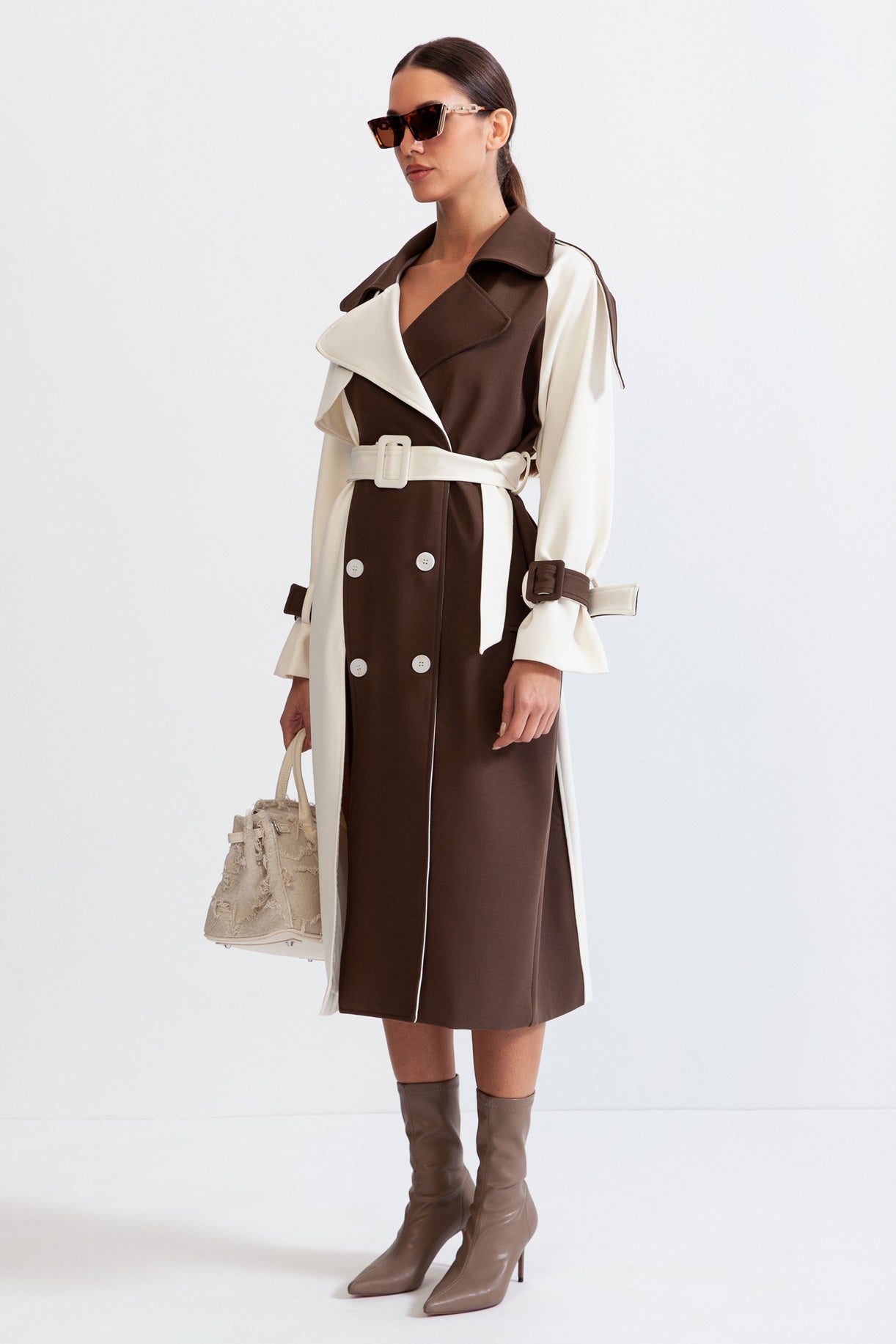 Trench Long Bicolore avec Ceinture pour Femme | Idéal pour La Mi-Saison