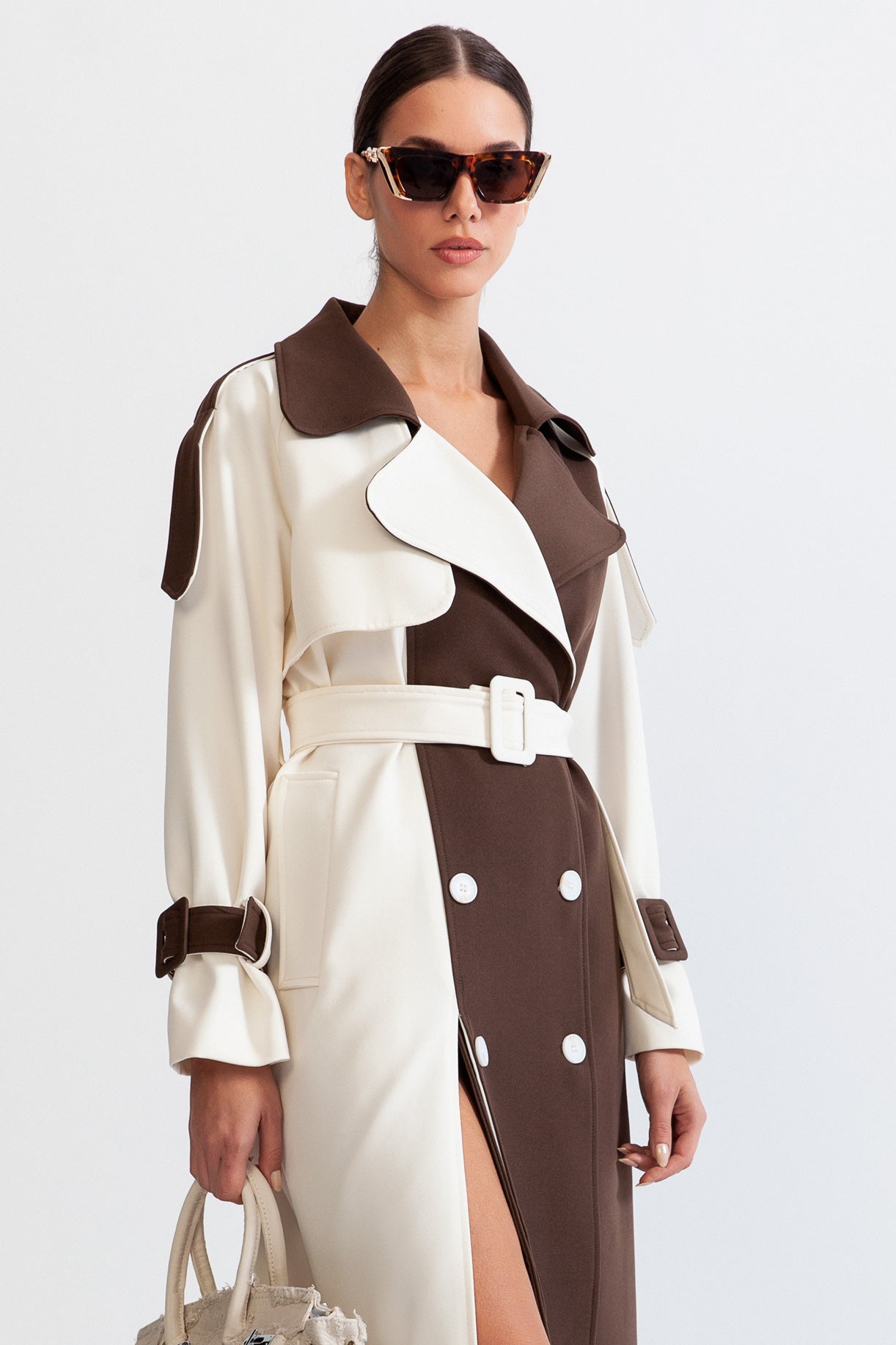 Trench Long Bicolore avec Ceinture pour Femme | Idéal pour La Mi-Saison