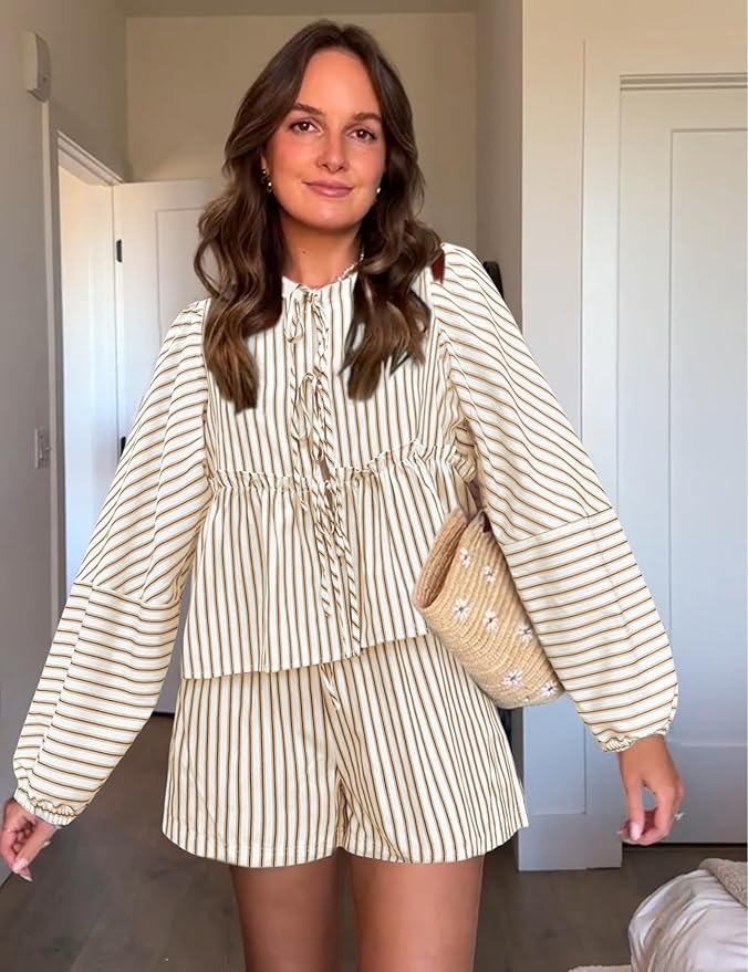 Ensemble Haut à Manches Longues et Short Taille Haute à Rayures pour Femme | Idéal pour l'Été