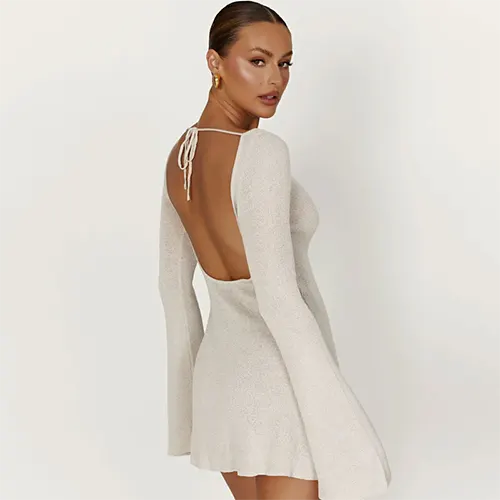 Robe Courte À Manches Évasées avec Dos À Nouer pour Femme | Idéale pour La Saison Automne