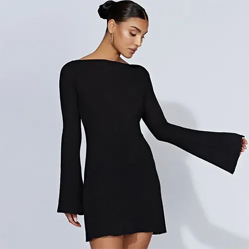 Robe Courte À Manches Évasées avec Dos À Nouer pour Femme | Idéale pour La Saison Automne