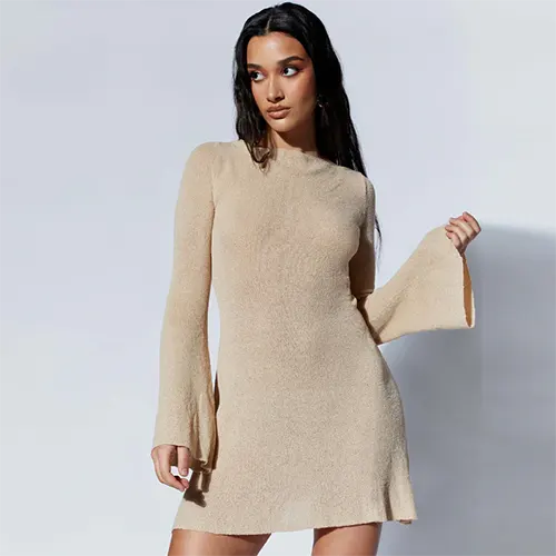 Robe Courte À Manches Évasées avec Dos À Nouer pour Femme | Idéale pour La Saison Automne