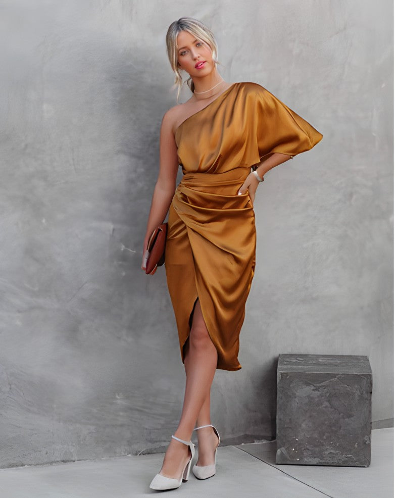 Robe Midi Asymétrique avec Jupe Drapée pour Femmes | Idéale pour les Occasions Festives Ask ChatGPT