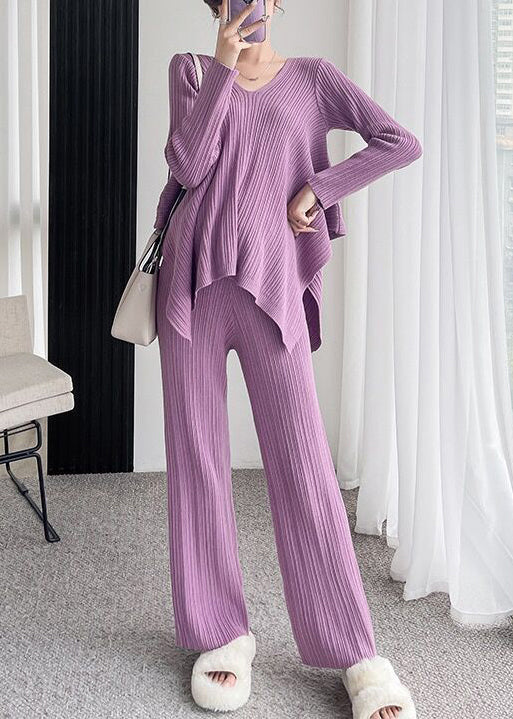 Ensemble Deux Pièces en Maille Côtelée pour Femme avec Pull Oversize Col V et Pantalon Large | Idéal pour l’Automne et l’Hiver