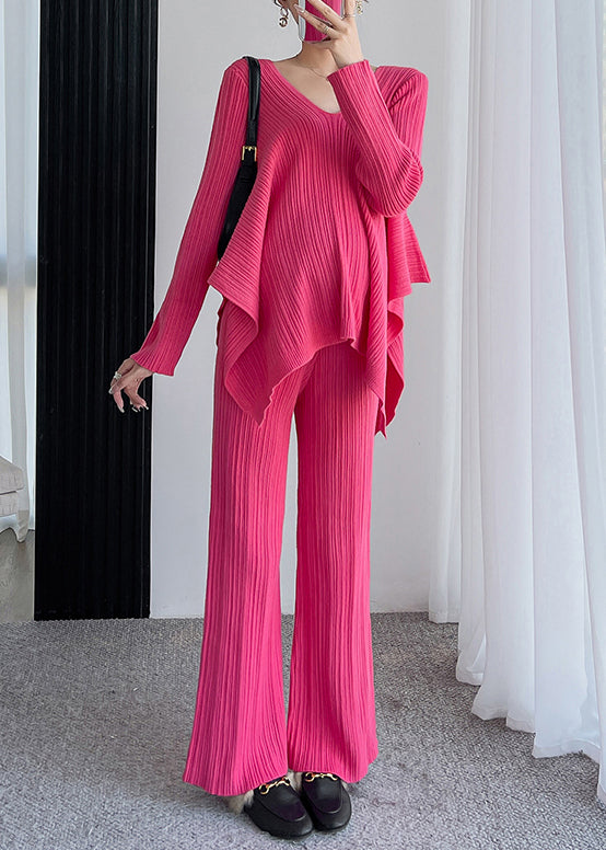 Ensemble Deux Pièces en Maille Côtelée pour Femme avec Pull Oversize Col V et Pantalon Large | Idéal pour l’Automne et l’Hiver