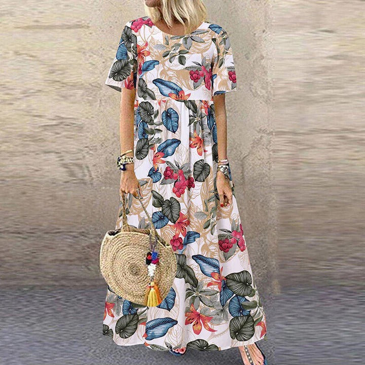 Robe Longue à Imprimé Fleuri avec Manches Courtes pour Femme | Idéale pour les Événements d’Été