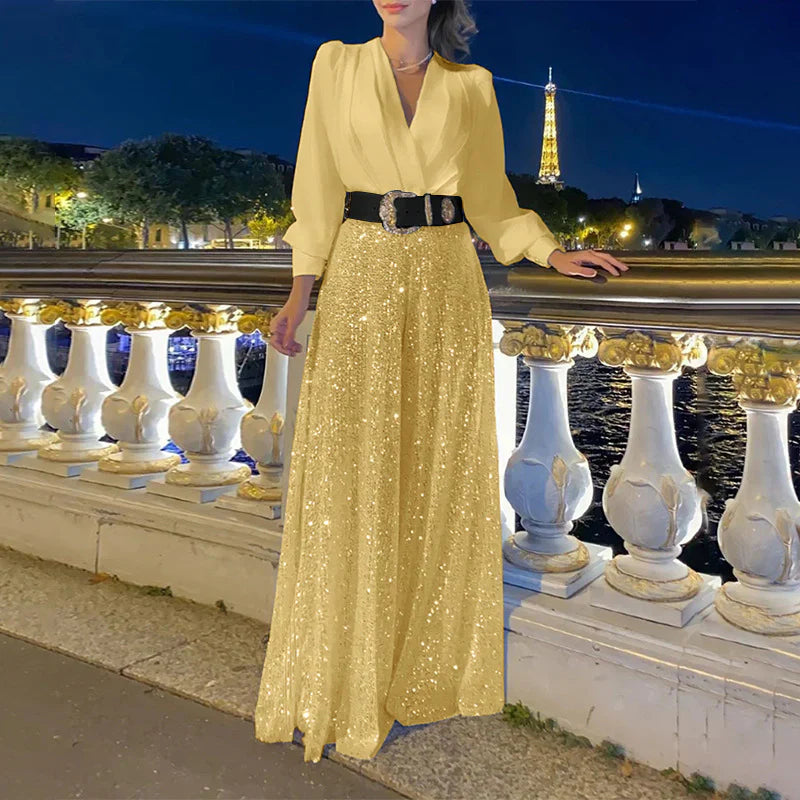 Ensemble avec Haut à Col en V et Pantalon Large pour Femme | Idéal pour la Maison ou les Sorties