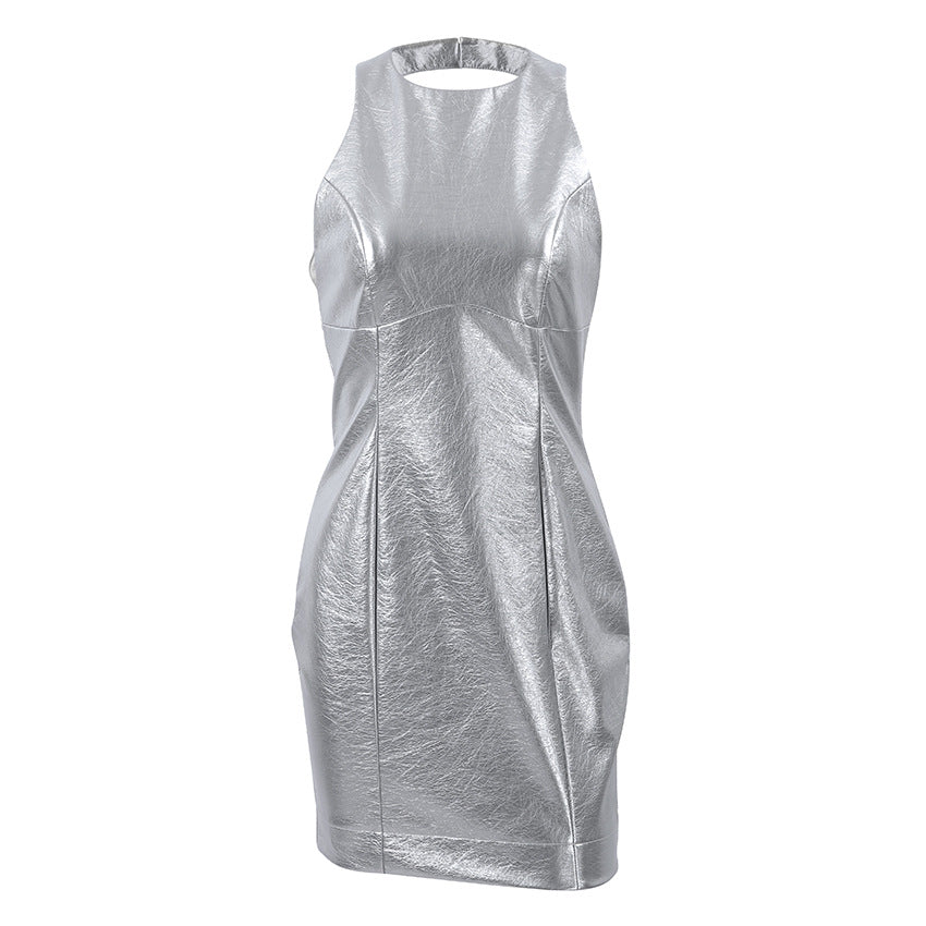 Robe Mini Sans Manches à Finition Brillante et Coupe Ajustée pour Femme | Idéale pour les Soirées et Occasions Spéciales