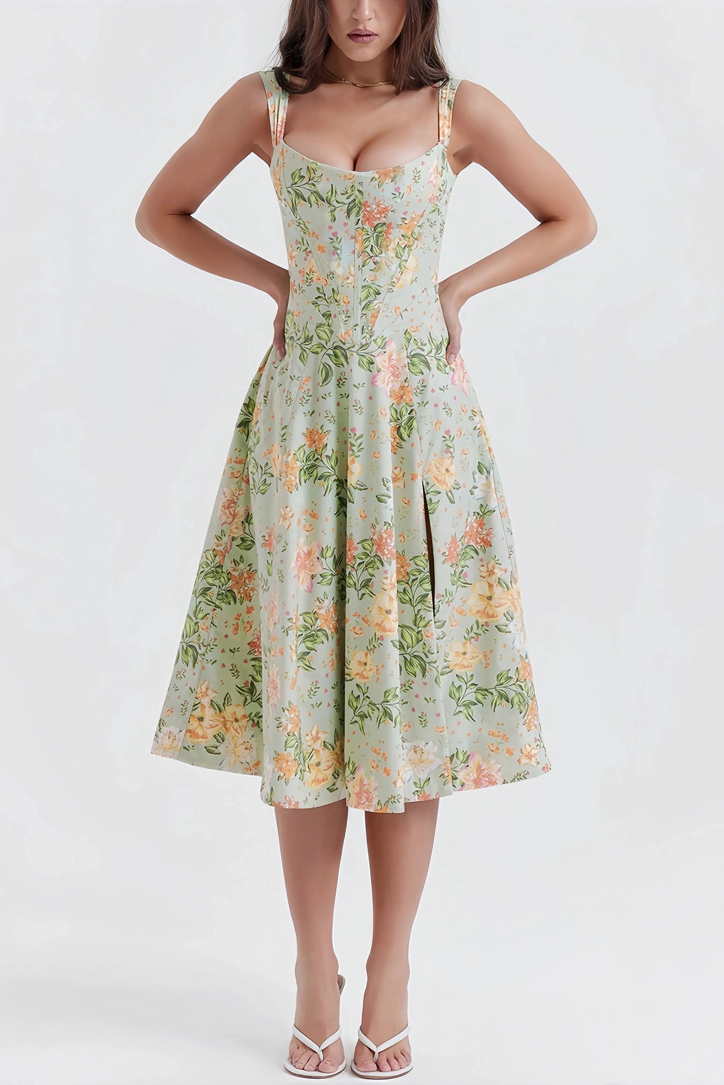 Robe Midi Fendue à Imprimé Floral Vert pour Femme | Idéale pour l’Été ou une Sortie Décontractée