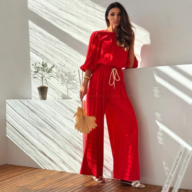 Ensemble Deux Pièces avec T-Shirt À Nœud Dans Le Dos Et Pantalon Large À Poches pour Femme | Idéal pour Le Printemps Et L’Été