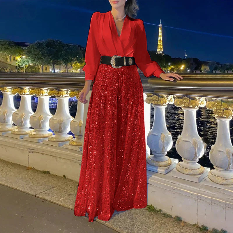 Ensemble avec Haut à Col en V et Pantalon Large pour Femme | Idéal pour la Maison ou les Sorties